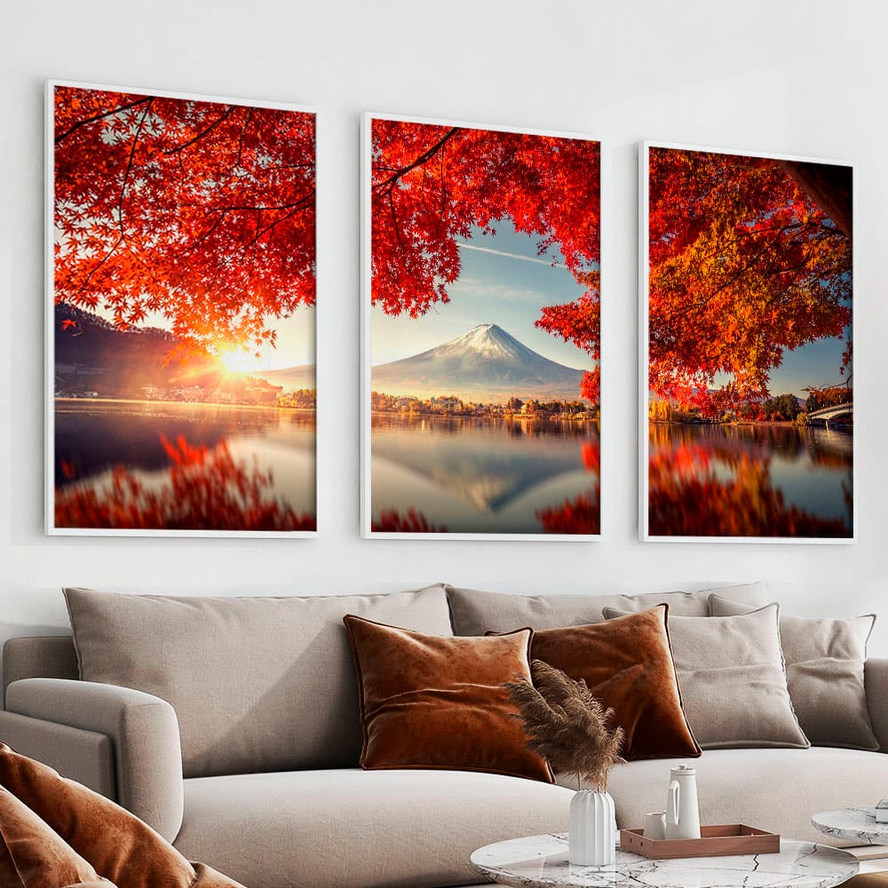 Kit Quadros Decorativos Paisagem Por do Sol Árvore Vermelha Monte Fuji