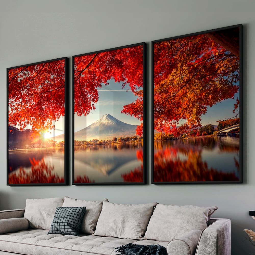 Kit Quadros Decorativos Paisagem Por do Sol Árvore Vermelha Monte Fuji