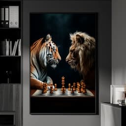 Quadro Decorativo Leão e tigre jogando Xadrez
