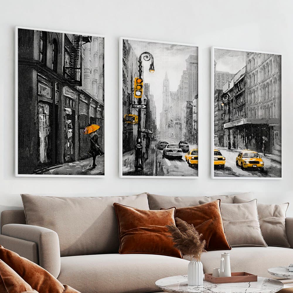 Kit Quadros Decorativos Cidade Pintura de New York Nova Iorque Preto e Branco