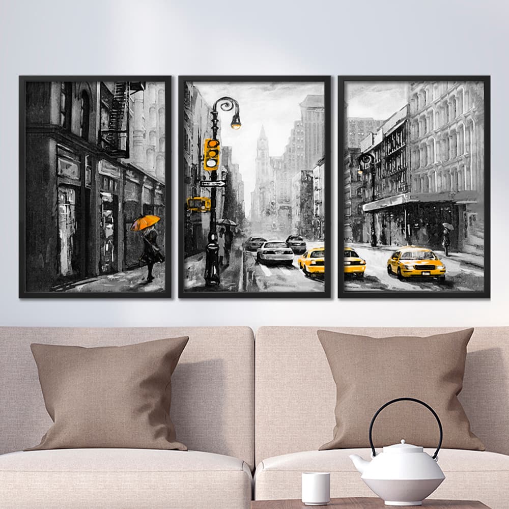Kit Quadros Decorativos Cidade Pintura de New York Nova Iorque Preto e Branco